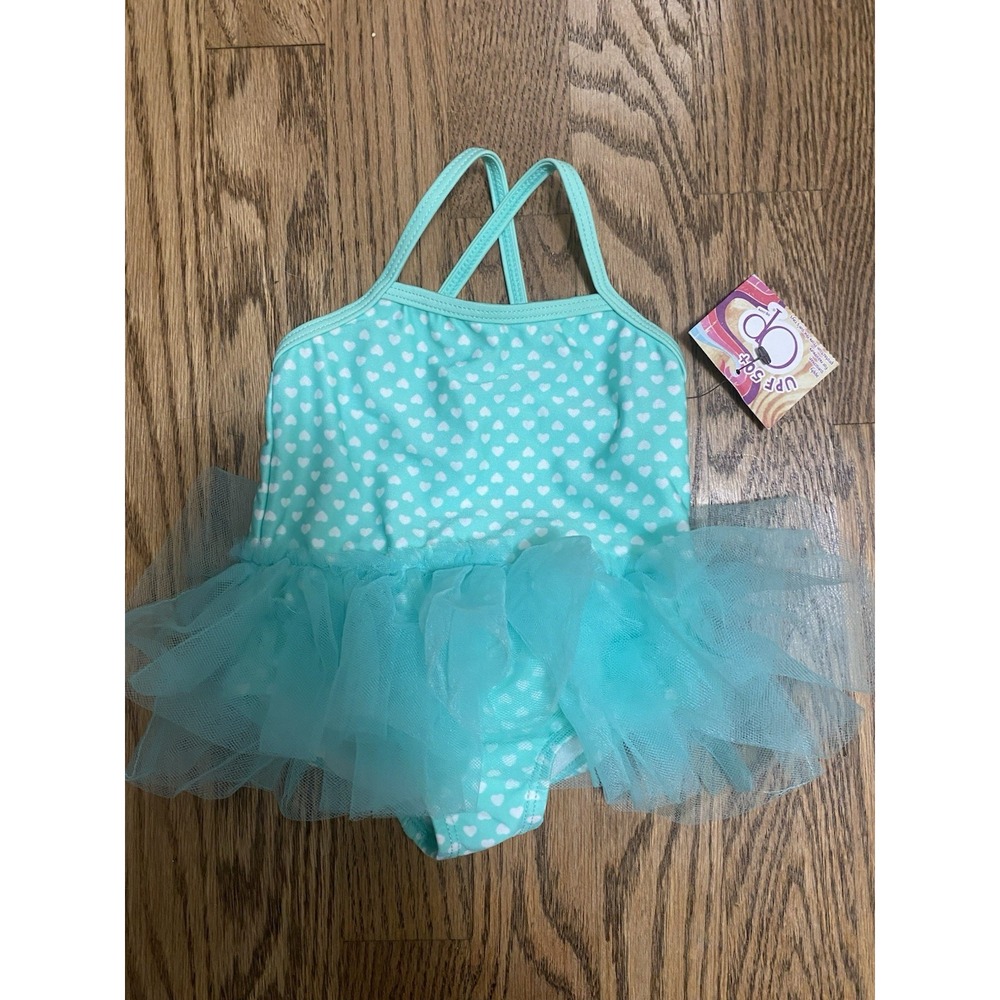 OP  Ocean Pacific Teal Baby Tutu White Hearts Size 6-9M Bathing Suit Swimsuit